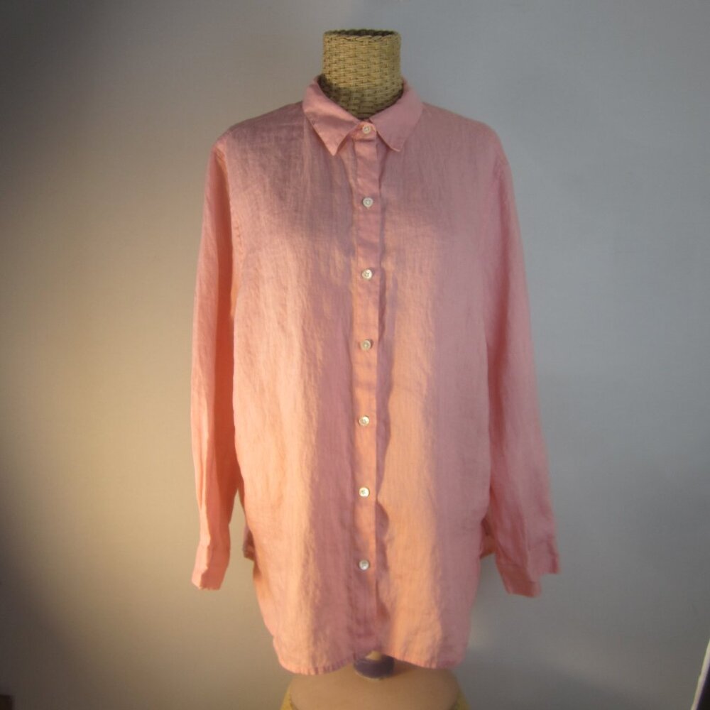 J Jill Women Petite L PL Pink LS 100% Linen Button Front Shirt  Blouse